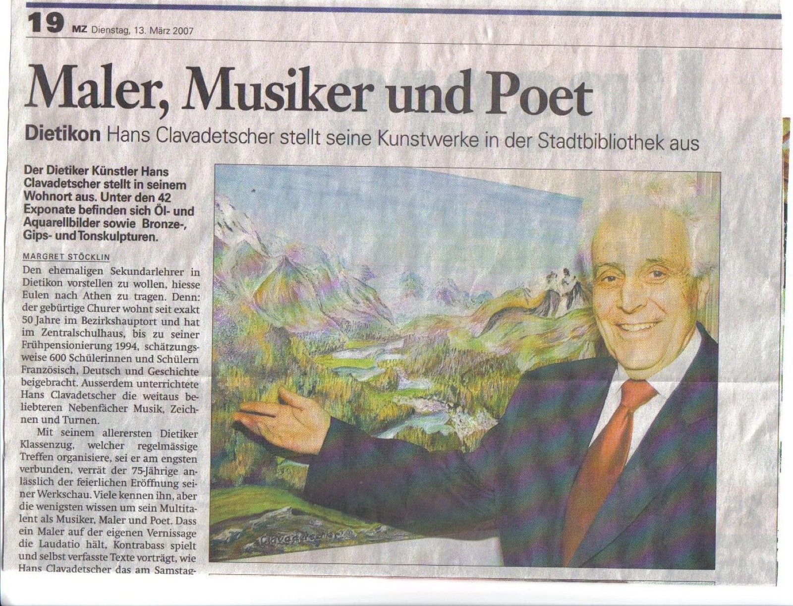 Zeitungsartikel mit Hans Clavadetscher vor einem Gemälde